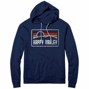 navy long sleeve hooded sweatshirt with distressed Happy Valley sunrise graphic